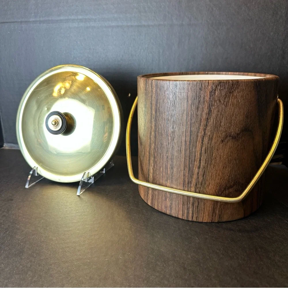 Vintage Unbranded MCM Ice Bucket Faux Wood Grain w/Lid Mid Century Barware USA